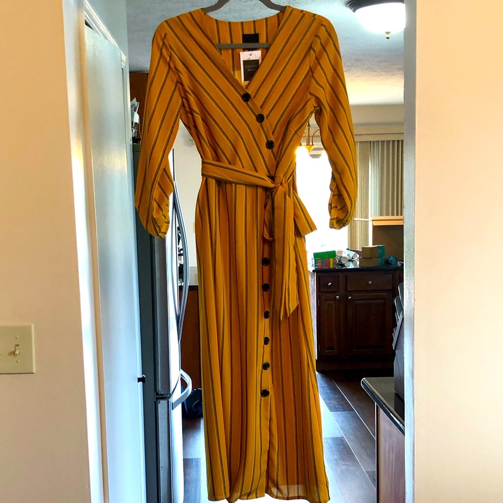 NWT Sweet Claire brand mustard stripe midi dress with button detail